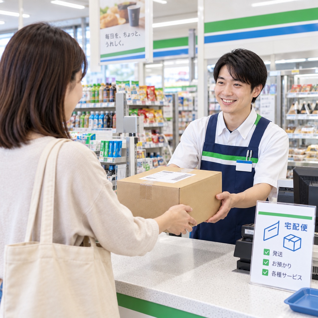 コンビニで梱包した荷物を発送する様子